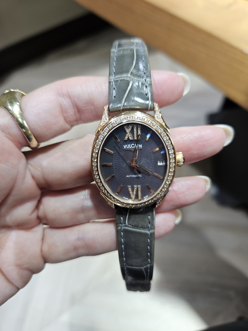 VULCAIN Women's Automatic Watch in 18k Rose Gold Diamonds + Gray Crocodile Strap